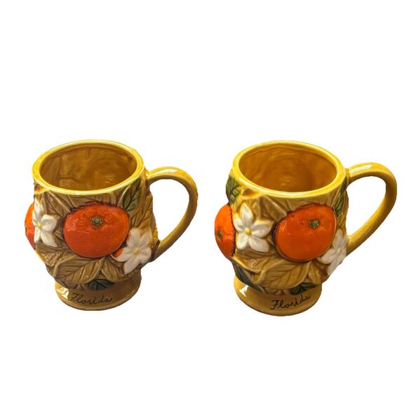 Vintage Florida Orange Blossom Souvenir Mugs Set 2 Japan Citrus Glazed Rare - Picture 1 of 13